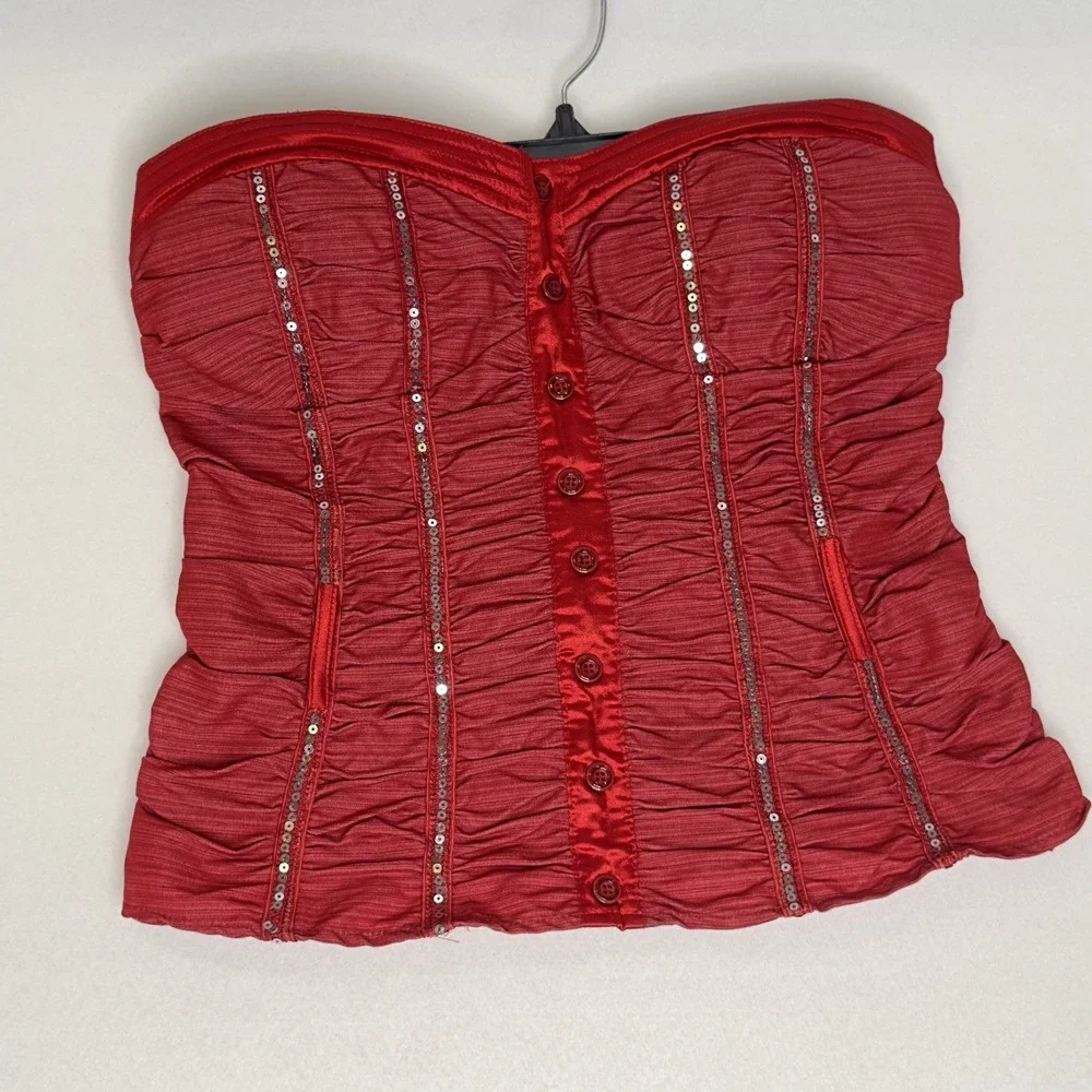 Red Ruched Sequin Button Front‎ Corset Top Bustier Shirt L